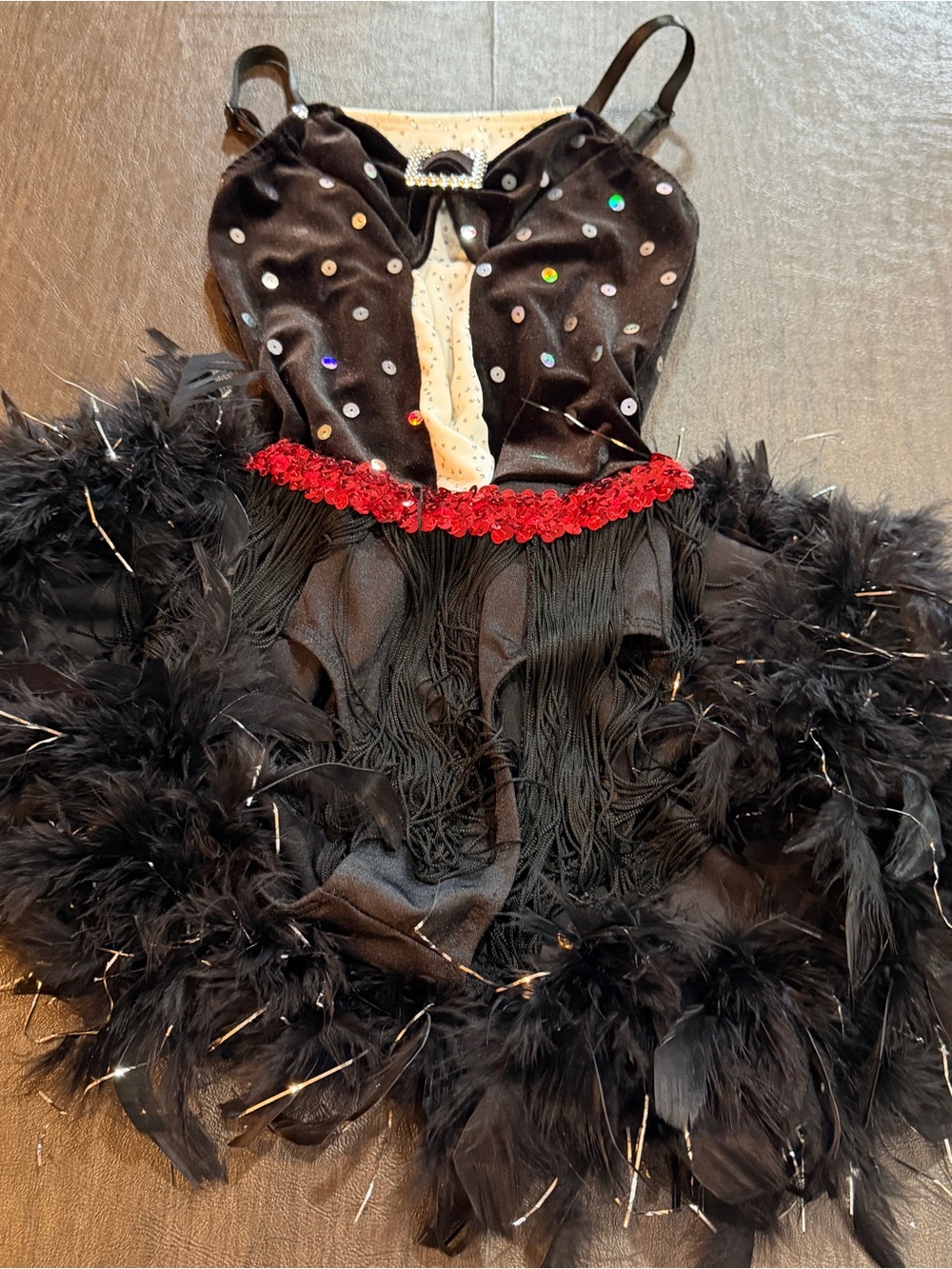 Dansco Girls Black Feathered Flapper Dance Jazz Costume with Red Trim Sz MC